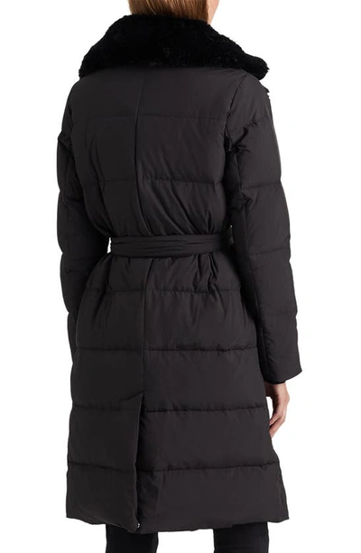 Shop Lauren Ralph Lauren Belted Faux Fur Collar Down & Feather Fill Puffer Coat In Black