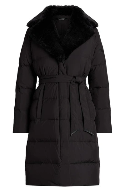 Lauren Ralph Lauren Belted Faux Fur Collar Down & Feather Fill Puffer Coat In 黑色