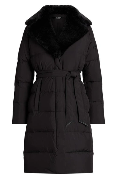 Shop Lauren Ralph Lauren Belted Faux Fur Collar Down & Feather Fill Puffer Coat In Black