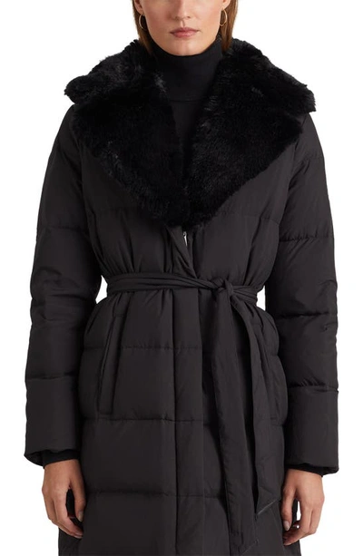 Shop Lauren Ralph Lauren Belted Faux Fur Collar Down & Feather Fill Puffer Coat In Black