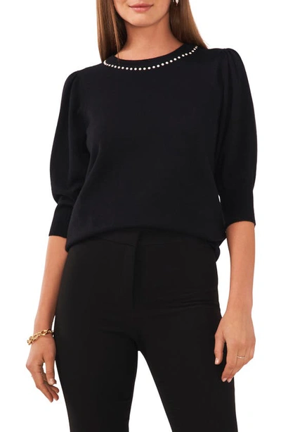 Shop Chaus Beaded Collar Puff Sleeve Sweater In Rich Black