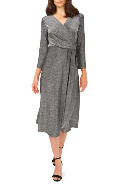 Shop Chaus Three-quarter Sleeve Faux Wrap Midi Dress In Black/ Silver
