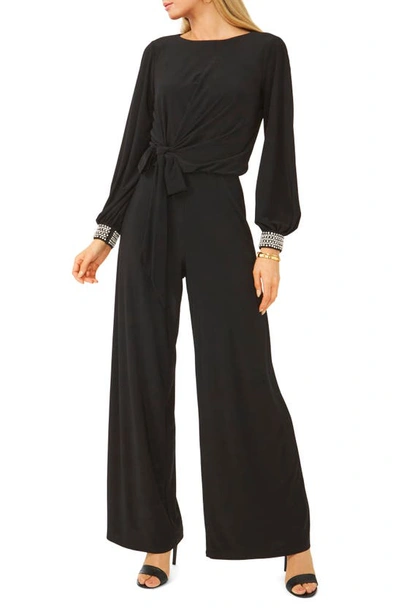 Chaus Rhinestone Cuff Long Sleeve Wide Leg Jumpsuit In Black