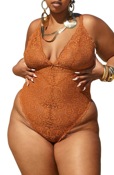 Shop Love, Vera Lace Thong Bodysuit In Butter Toffee
