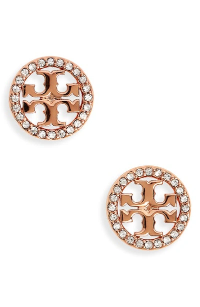 Shop Tory Burch Crystal Logo Circle Stud Earrings In Rose Gold/ Crystal