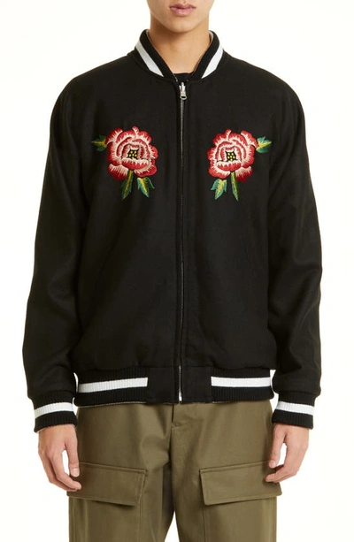 Shop Kenzo Souvenir Floral Embroidered Reversible Wool & Satin Bomber Jacket In Black