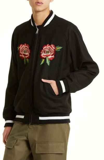 Shop Kenzo Souvenir Floral Embroidered Reversible Wool & Satin Bomber Jacket In Black