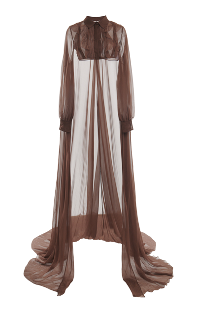 Shop Valentino Cape-detailed Cropped Chiffon Top In Brown
