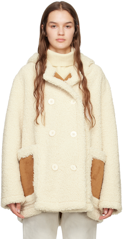 Stand Studio Khalessi Hooded Double-breasted Faux Suede-trimmed Faux Shearling Coat In 96000 Off White/tan