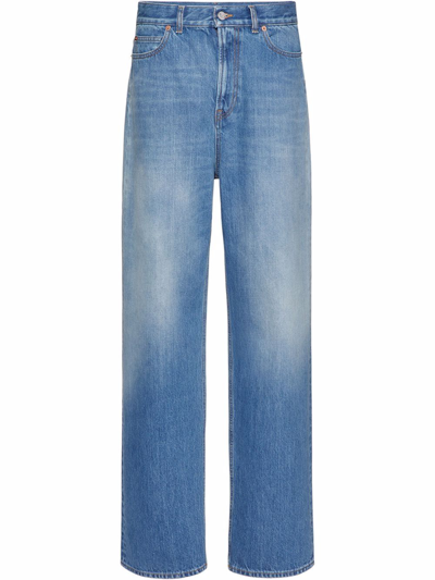 Shop Valentino Blue Cotton Logo-patch Denim Jeans In Medium Blue Denim