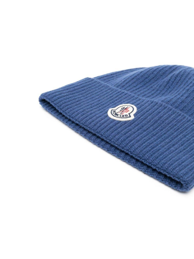 Shop Moncler Logo-patch Detail Knitted Beanie In Celeste
