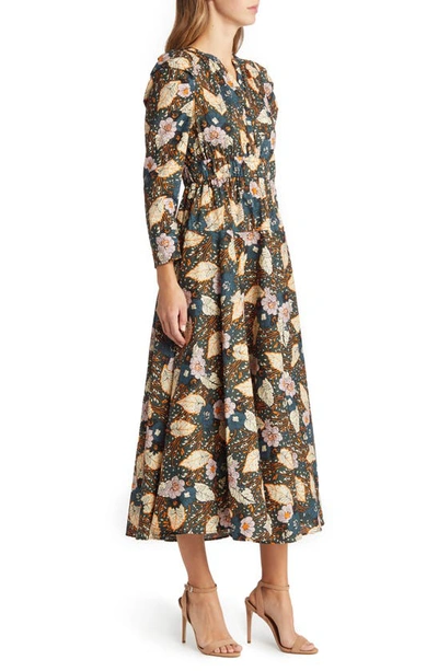 Shop Melloday Floral Print Belted Long Sleeve A-line Dress In Navy Multi
