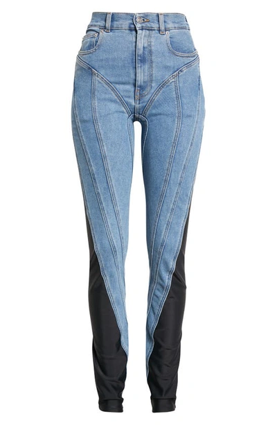 Shop Mugler Spiral Mixed Media Skinny Jeans In Medium Blue / Black