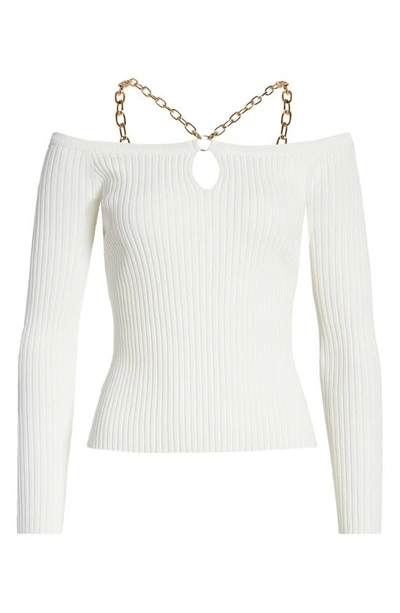 Shop Moon River Chain Detail Off The Shoulder Rib Sweater In Ivory