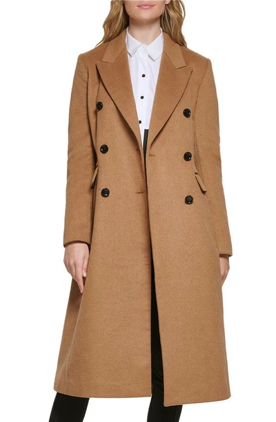 Shop Karl Lagerfeld Wool Blend Double Breasted Coat In Camel