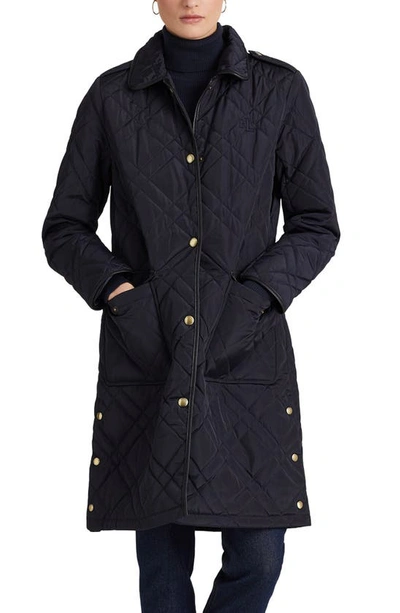 Shop Lauren Ralph Lauren Faux Leather Trim Quilted Coat In Dk Navy