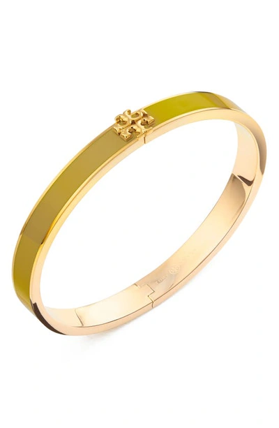 Shop Tory Burch Kira Enamel Hinge Bracelet In Tory Gold / Goldfinch