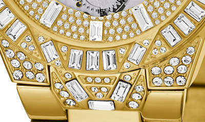 Shop Guess Multifunction Crystal Skeleton Bracelet Watch, 44mm In Gold/gold/gold