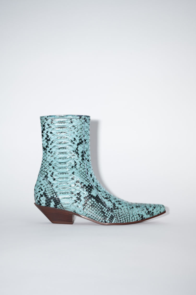 Shop Acne Studios Snake Print Leather Ankle Boots In Light Blue