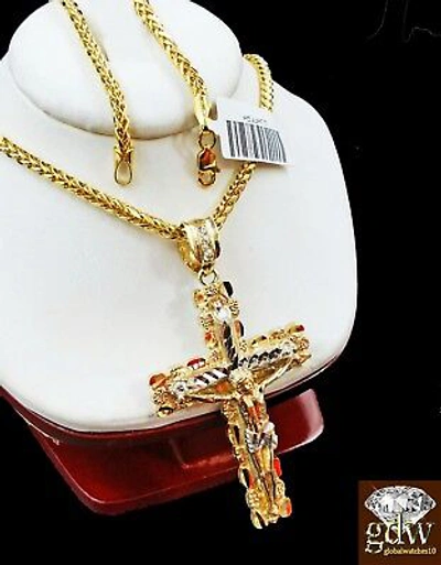 Pre-owned Globalwatches10 Real 10k Yellow Gold Mens Jesus Cross Charm Pendant With 22 Inch Long Palm Chain