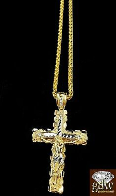 Pre-owned Globalwatches10 Real 10k Yellow Gold Mens Jesus Cross Charm Pendant With 22 Inch Long Palm Chain