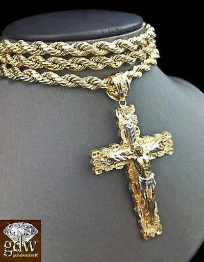 Pre-owned Globalwatches10 Real 10k Yellow Gold 28" Inch Rope Chain Necklace Cross Pendant Charm