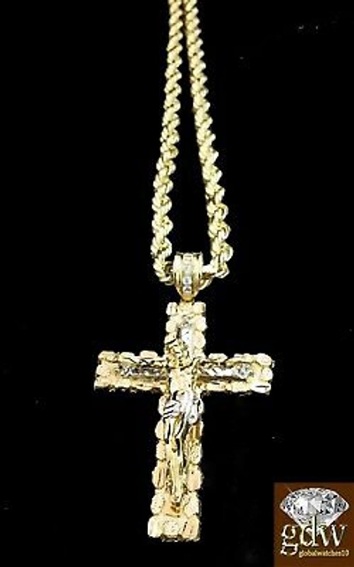 Pre-owned Globalwatches10 Real 10k Yellow Gold 28" Inch Rope Chain Necklace Cross Pendant Charm