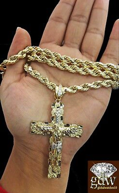 Pre-owned Globalwatches10 Real 10k Yellow Gold 28" Inch Rope Chain Necklace Cross Pendant Charm