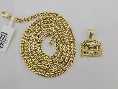 Pre-owned Globalwatches10 Real 10 K Gold Last Supper Charm Miami Cuban Chain 4mm 24" Necklace Pendant Set In Yellow