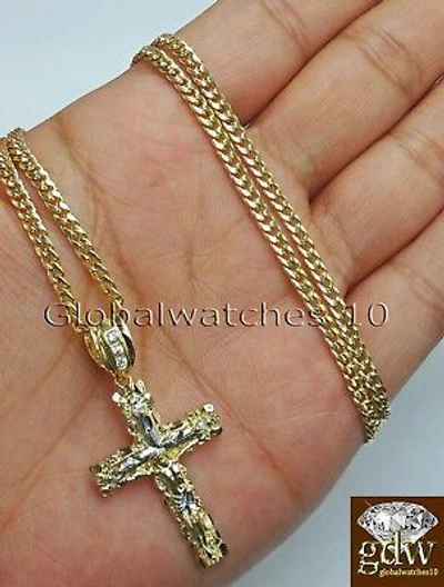 Pre-owned Globalwatches10 10k Yellow Gold Jesus Cross Charm Pendant 10k 22" Miami Cuban Chain Set Real