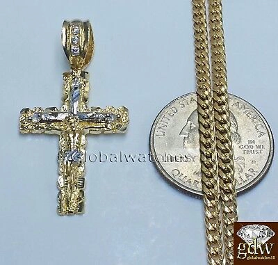 Pre-owned Globalwatches10 10k Yellow Gold Jesus Cross Charm Pendant 10k 22" Miami Cuban Chain Set Real