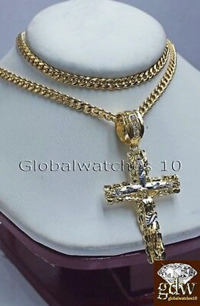 Pre-owned Globalwatches10 10k Yellow Gold Jesus Cross Charm Pendant 10k 22" Miami Cuban Chain Set Real