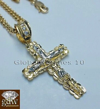 Pre-owned Globalwatches10 10k Yellow Gold Jesus Cross Charm Pendant 10k 22" Miami Cuban Chain Set Real