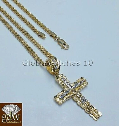 Pre-owned Globalwatches10 10k Yellow Gold Jesus Cross Charm Pendant 10k 22" Miami Cuban Chain Set Real