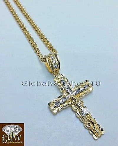 Pre-owned Globalwatches10 10k Yellow Gold Jesus Cross Charm Pendant 10k 22" Miami Cuban Chain Set Real
