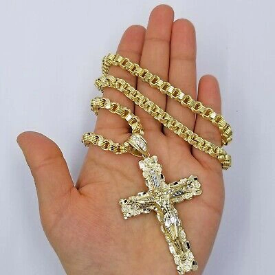 Pre-owned Globalwatches10 10k Gold Byzantine 24" Necklace Jesus Nugget Cross Pendant 3" Charm 5mm Chain