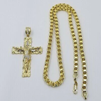 Pre-owned Globalwatches10 10k Gold Byzantine 24" Necklace Jesus Nugget Cross Pendant 3" Charm 5mm Chain