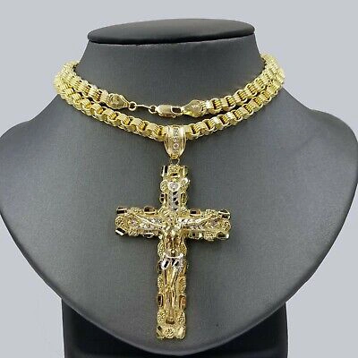 Pre-owned Globalwatches10 10k Gold Byzantine 24" Necklace Jesus Nugget Cross Pendant 3" Charm 5mm Chain