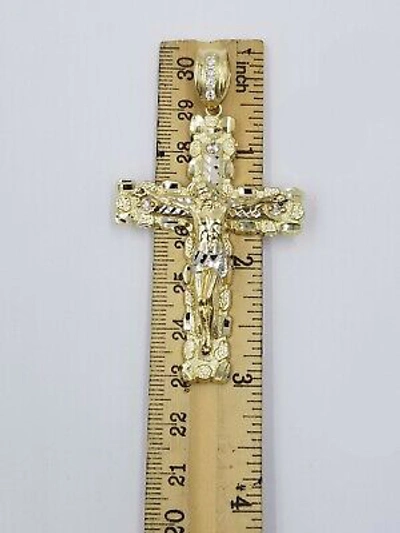 Pre-owned Globalwatches10 10k Gold Byzantine 24" Necklace Jesus Nugget Cross Pendant 3" Charm 5mm Chain