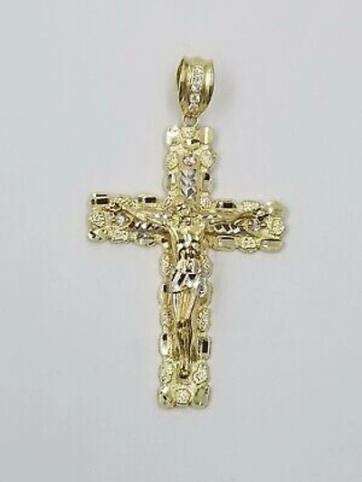 Pre-owned Globalwatches10 10k Gold Byzantine 24" Necklace Jesus Nugget Cross Pendant 3" Charm 5mm Chain