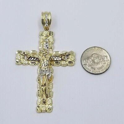 Pre-owned Globalwatches10 10k Gold Byzantine 24" Necklace Jesus Nugget Cross Pendant 3" Charm 5mm Chain