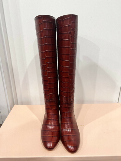 Pre-owned Loeffler Randall Women's Gia Knee High Boot Chestnut Size 5 Leather Stacked Heel In Brown