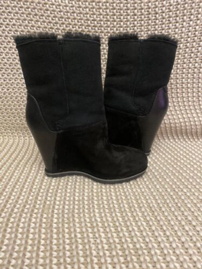 Pre-owned Ugg Classic Mondri Cuff Black Leather 4" Wedge Boots Booties Us 10 Women