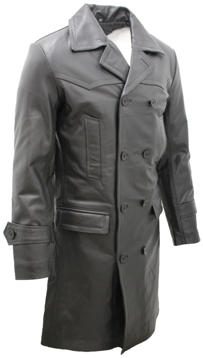 Pre-owned Infinity Mens Classic Black Uboat German Naval Military Pea Coat Cowhide Leather Jacket