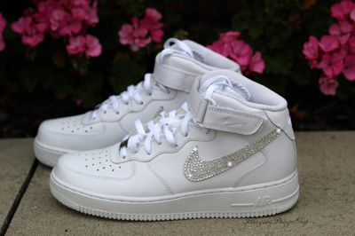 Pre-owned Swarovski Womens Nike Air Force 1 07 Mid White Sneakers Shoes Made With  Crystals