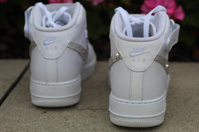 Pre-owned Swarovski Womens Nike Air Force 1 07 Mid White Sneakers Shoes Made With  Crystals