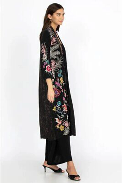 Pre-owned Johnny Was Tiarei Velvet Bishop Sleeve Kimono Coat Floral Embroidery Black