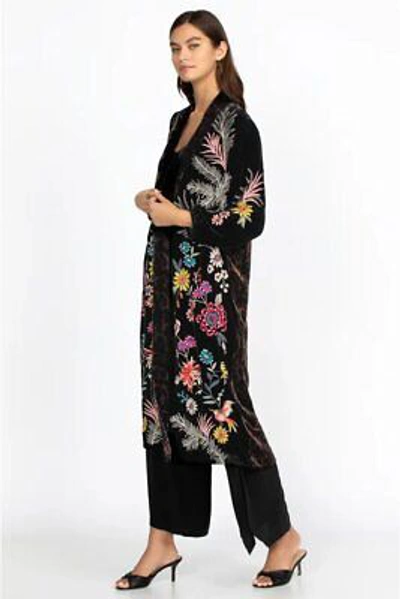 Pre-owned Johnny Was Tiarei Velvet Bishop Sleeve Kimono Coat Floral Embroidery Black