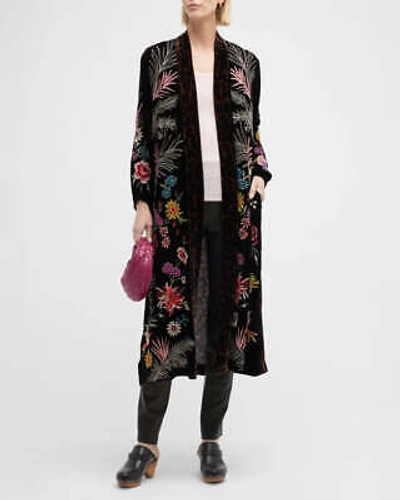 Pre-owned Johnny Was Tiarei Velvet Bishop Sleeve Kimono Coat Floral Embroidery Black