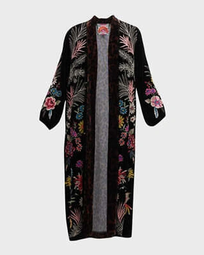 Pre-owned Johnny Was Tiarei Velvet Bishop Sleeve Kimono Coat Floral Embroidery Black